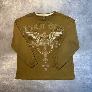 Y2K Brooklyn Xpress Mens 3X Waffle Knit Thermal Cross Graphic Shirt Olive